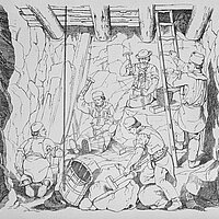 Bergarbeiter beim Abteufen eines Schachtes, 
⚒ Himmelfahrt Fundgrube (Freiberg) 
[Z.: Eduard Heuchler, 1857, TU Bergakademie Freiberg, Universitätsbibliothek]
